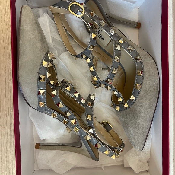 Valentino Shoes - Valentino Suede Gray and Gold Rockstud Heels